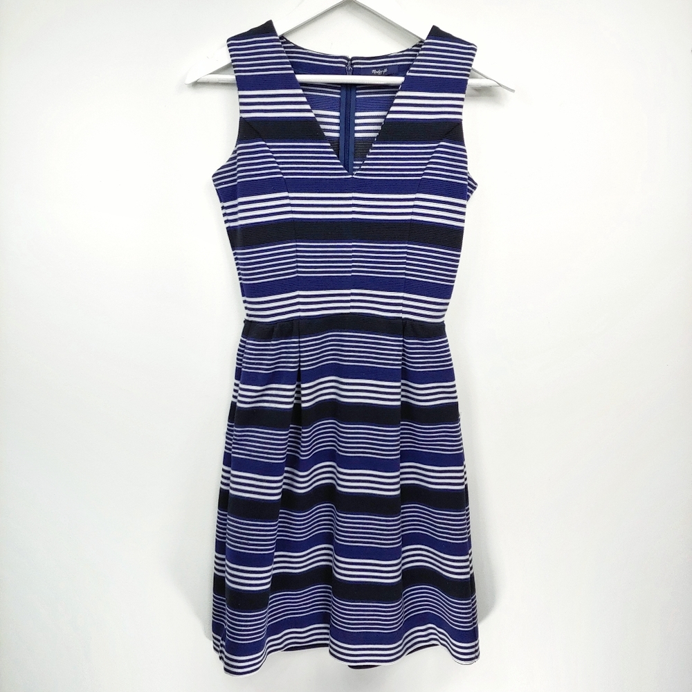 Madewell sleeveless Gallerist ponte striped v-neck ribbed dress pockets navy XS